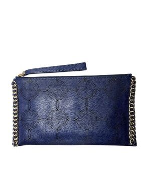 Henri Bendel Navy Blue Tooled Leather Wristlet Clutch with Gold Chain Trim NWOT